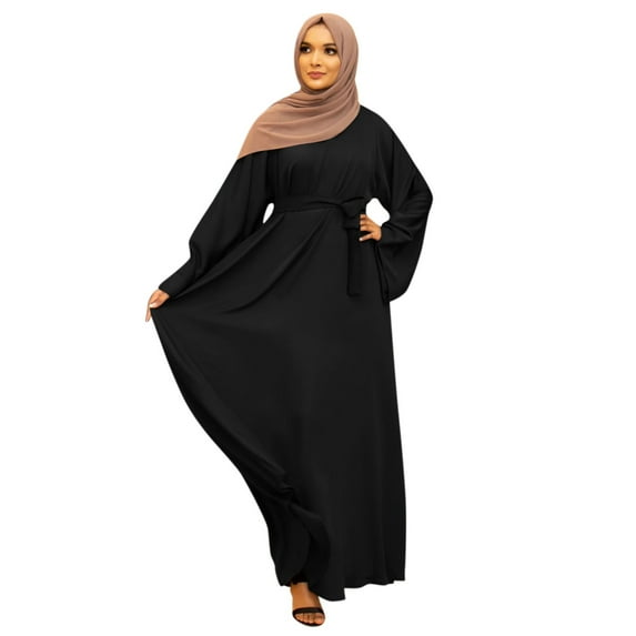 Baberdicy Solid Dress Women's Casual Solid Muslim Dress Flare Sleeve Abaya Islamic Arab Kaftan Dress Business Casual Dress Black, Size:S-2Xl