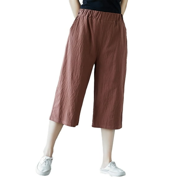 Baberdicy Solid Pants Women Solid Casual Pocket Wide Leg Pants Elastic Waist Loose Pants Cropped Trousers Wide Leg Pants Coffee