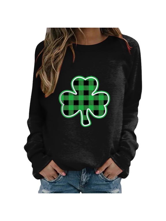 St.Patricks Day Sweatshirt for Women, Womens Autumn And Winter Casual Hooded Sweater Pullover Sweater Womens Sweatshirt Black