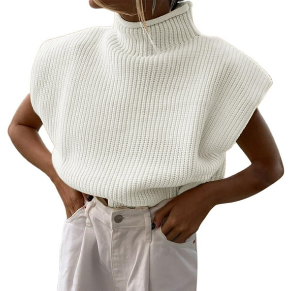 Baberdicy Sweaters for Women, Women's Autumn and Winter Solid Color Woolen Sweater Temperament Turtleneck Short Sleeved Sweater Top Womens Sweaters White