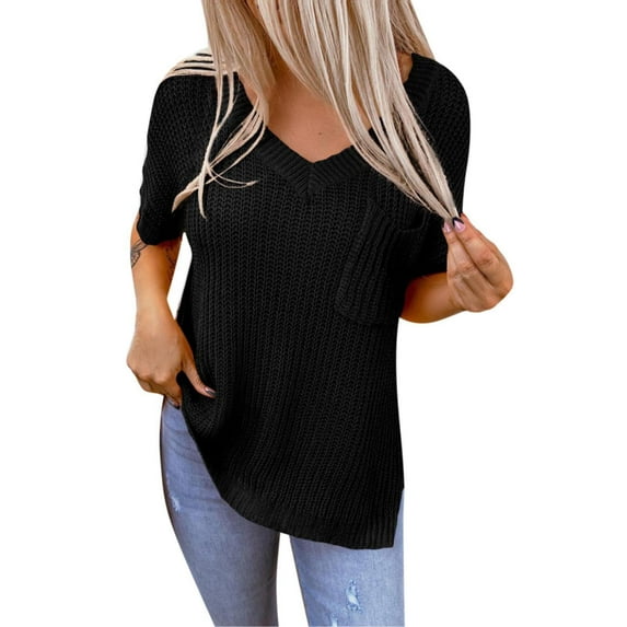 Baberdicy Sweaters for Women, Women's Fashion Spring and Summer Top Basic Loose Short Sleeve Side Slit Rib Knitted Top Casual Sweater Pocket Womens Sweaters Black