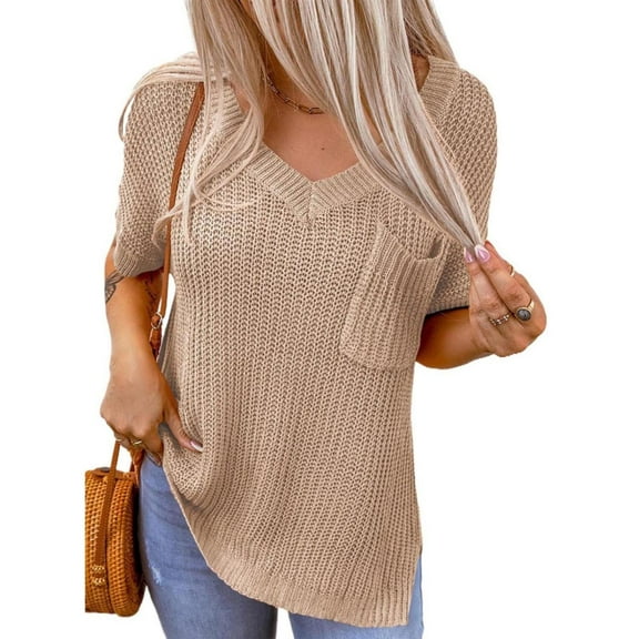 Baberdicy Sweaters for Women, Women's Fashion Spring and Summer Top Basic Loose Short Sleeve Side Slit Rib Knitted Top Casual Sweater Pocket Womens Sweaters Khaki