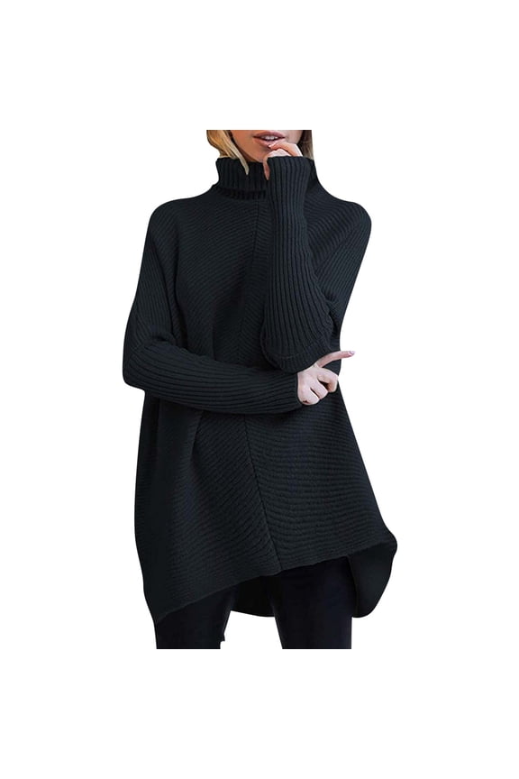 Sweaters for Women Womens Turtleneck Long Batwing Sleeve Asymmetric Hem Casual Pullover Sweater Knit Tops Womens Sweaters Black
