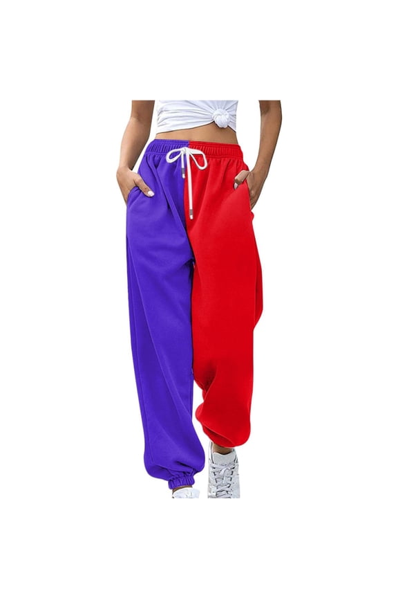 Sweatpants Women Fashion Women's Loose Breathable Colorblocking Casual Pants Side Pockets Leg Opening Drawstring Seasonal Casual Pants Sweatpants A-Red