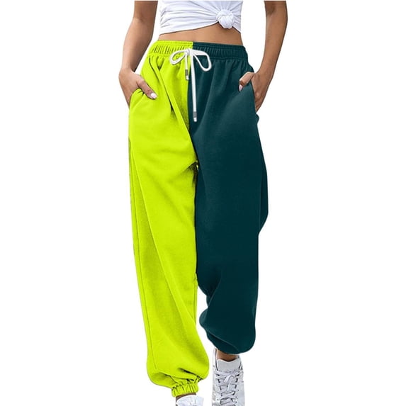 Baberdicy Women's Pants Fashion Women's Loose Breathable Colorblocking Casual Pants Side Pockets Leg Opening Drawstring Seasonal Casual Pants Ladies Casual Pants, AâGreen