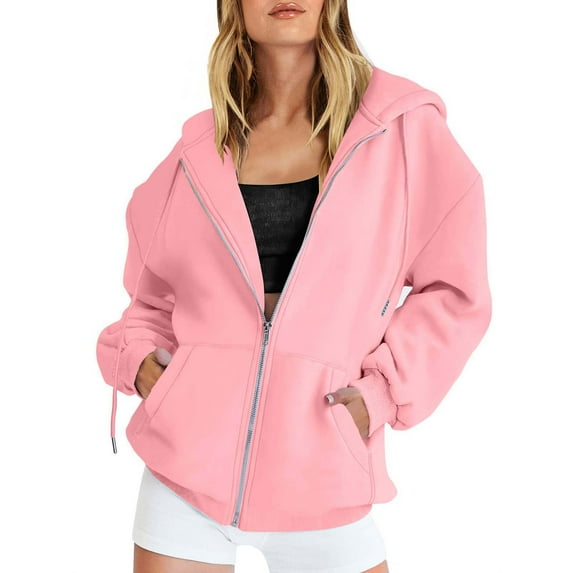 Baberdicy Sweatshirt for Women Women's Fall Jacket Oversized Pocket Sweatshirt Casual Drawstring Clothing Zipper Track Jacket Solid Color Long Sleeve Hooded Top Pink L