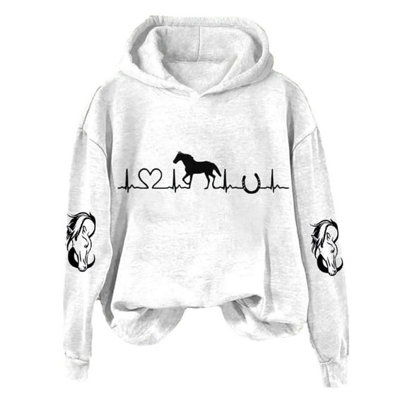 Baberdicy Sweatshirt for Women, Women's Horse Heartbeat Horse Lover Casual Hoodie Casual Long Sleeve Sweatshirt Soft Printed Shirt Women's Winter Sweatshirt Top Pullover Sweaters for Women White