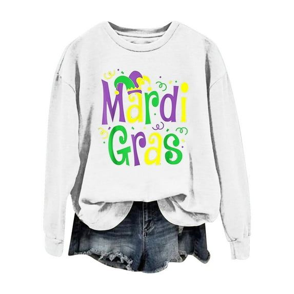 Baberdicy Sweatshirt for Women Mardi Women's Letter Printed Round Neck Long Sleeve Top Fleece Pullover Women White Mardi Gras