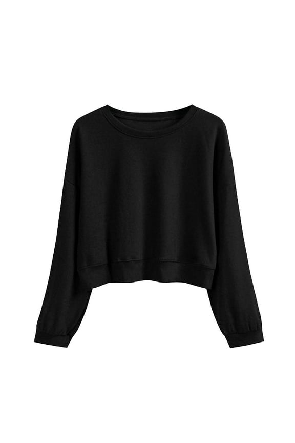 Sweatshirt for Women, Women's Solid Color Round Neck Casual Long Sleeve Cropped Sweater Top Pullover Sweaters for Women Black