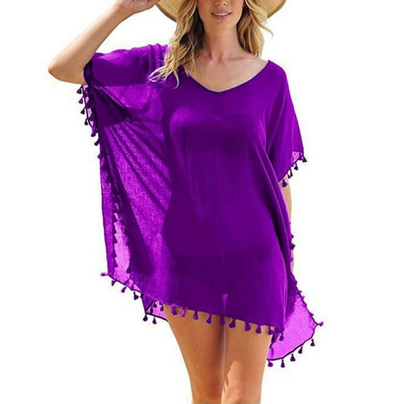 Baberdicy Swimwear Cover-ups & Wraps Limited Time Deal, Women's Trim Kaftan Chiffon Tassels Swimwear Beach Loose Bikini Cover Up Tops