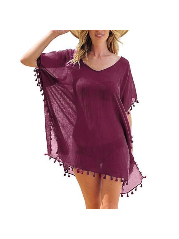 Swimwear Cover-ups & Wraps Limited Time Deal, Women's Trim Kaftan Chiffon Tassels Swimwear Beach Loose Bikini Cover Up Tops