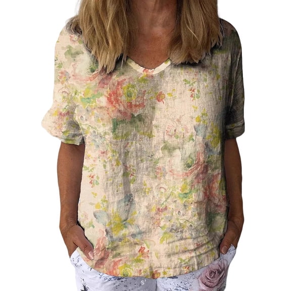 Baberdicy T-Shirts Womens with Sayings Under 20$, Women's Short Sleeve V Neck Short Sleeve Plant Flower Print European And American Large Size T Shirt