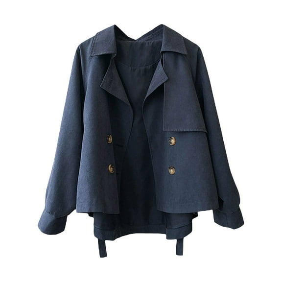 Baberdicy Trenchcoat Women's Autumn and Winter Trench Coat Female Short Small Casual Worker Jacket Retro Loose Yinglun Thin Coat Lady in Autumn and Winter Windproof and Warm Jacket Blue