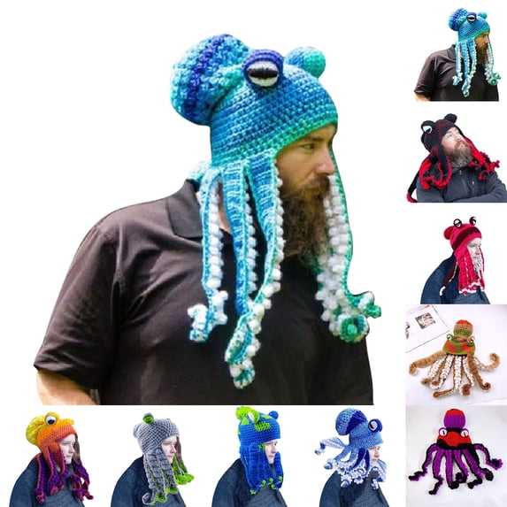 Baberdicy Unisex Crochet Octopus Hat, Handmade Funny Knit Beanie with Tentacles, Novelty Gift Blue1 Universal Fit