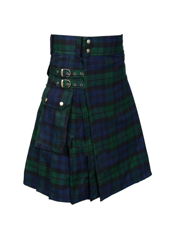 Utility Kilts for Men, Men's Fashion Scottish Style Plaid Contrast Color Pocket Pleated Skirt Skirt with Pocket Green