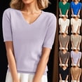 thumbnail image 1 of Baberdicy V Neck Loose Knit Tee Women's Short Sleeve T Shirts Round Neck Solid Color Loose Fit Casual Knit Tops, Purple, M, 1 of 10