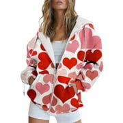 Baberdicy Valentines Cardigan Women's Spring Valentine's Day Love Print Long Sleeved Coat With Hood and Pocket