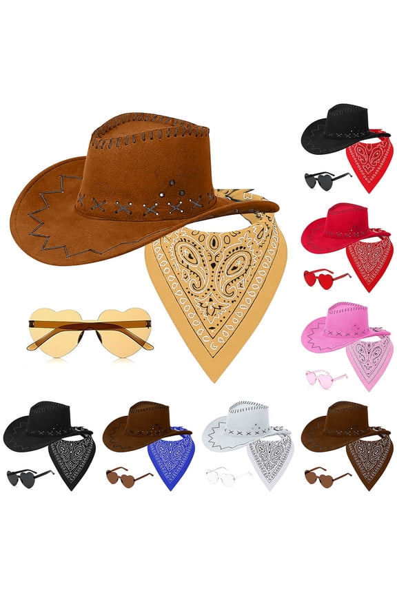 Western Cowboy Hat Scarf & Sunglasses Set, 3 Piece Costume Accessory for Men Women Brown Universal Fit