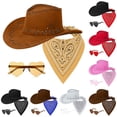 thumbnail image 1 of Baberdicy Western Cowboy Hat Scarf & Sunglasses Set, 3 Piece Costume Accessory for Men Women Coffee Universal Fit, 1 of 5