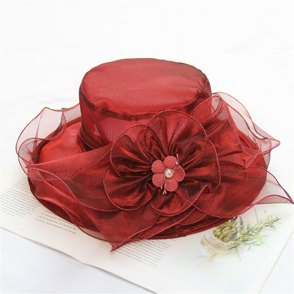 Baberdicy Wide Brim Beach Hat, Burgundy Women's Flower Bucket Hat – Foldable Sun Hat for Beach, Weddings & Holidays One Size