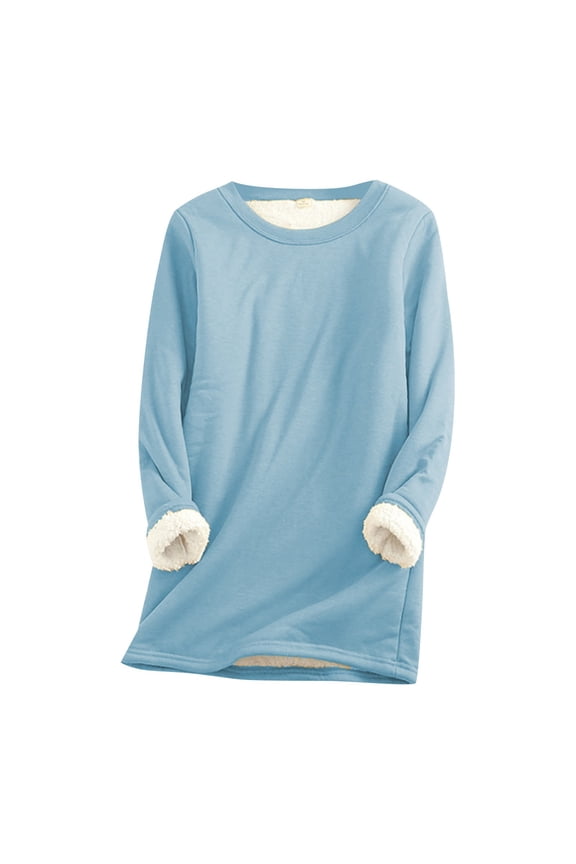 Winter Base Layer, Sky Blue Plus-Size Women's Lamb-Wool Top – Thick Fleece Pullover for Winter Lounging, Layering & Outdoor Errands | Loose Fit, Crew Neck, 1X-6X Xxl