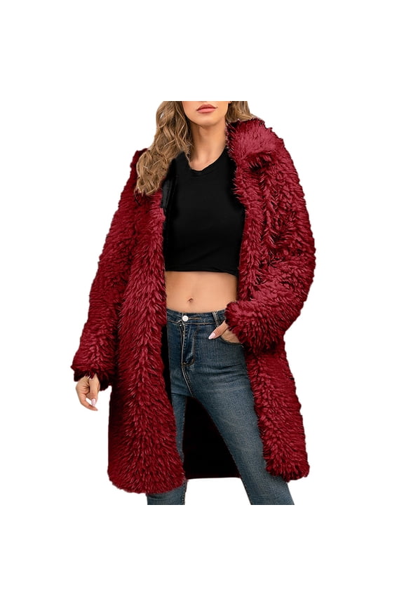 Winter Coat Women's Long Teddy Coat Winter Warm Puffy Jacket Fluffy Women's Coat Jackets Long Sleeve Casual Long Warm Faux Plush Overcoat Red