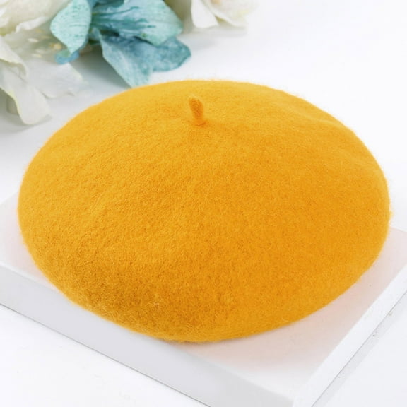 Baberdicy Winter Fashion Hat, Sunflower Yellow Women's Wool Beret – Adjustable Solid Color for Autumn/Winter Fashion One Size