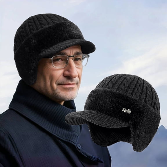 Baberdicy Winter Hat, Men's Knit Hat with Ear Flaps, Wool Brim Lined Baseball Beanie, Earflap Cap for Men, Outdoor Work, Cold Weather, Windproof Warmth, Gifts for Him ( Black)