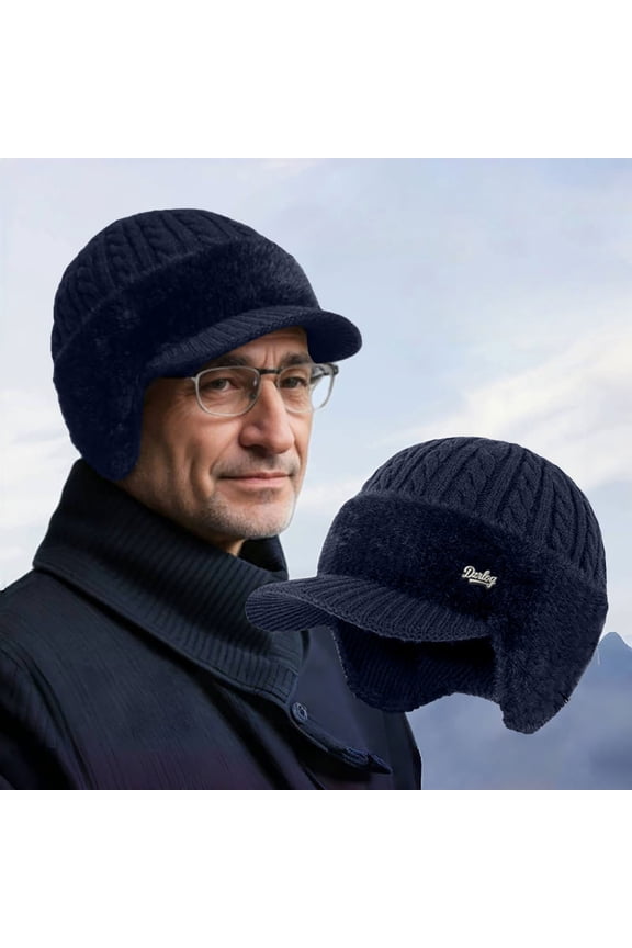 Winter Hat, Men's Knit Hat with Ear Flaps, Wool Brim Lined Baseball Beanie, Earflap Cap for Men, Outdoor Work, Cold Weather, Windproof Warmth, Gifts for Him ( Navy)