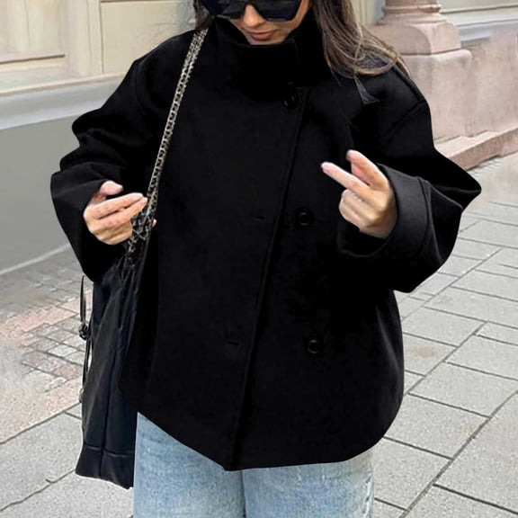 Baberdicy Women Crop Coat Wool Blend Winter Loose Casual Short Jacket Outwear , Cropped Double-Breasted Coat, Retro Wool Jacket, Fall Layer Black M