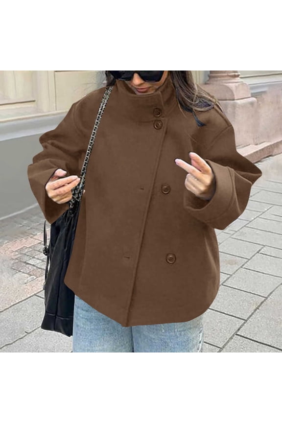 Women Crop Coat Wool Blend Winter Loose Casual Short Jacket Outwear , Cropped Double-Breasted Coat, Retro Wool Jacket, Fall Layer Coffee L