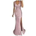 thumbnail image 1 of Baberdicy Women Dress Women Sequin Prom Party Ball Gown Gold Evening Bridesmaid V Neck Long Dress Fall Dress Pink, Size:S-2Xl, 1 of 4