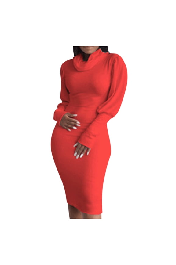 Women Dress Women's Solid Color Dresses High Neck Slim Long Sleeves Dresses Casual Wrap Autumn Winter Dresses Red L