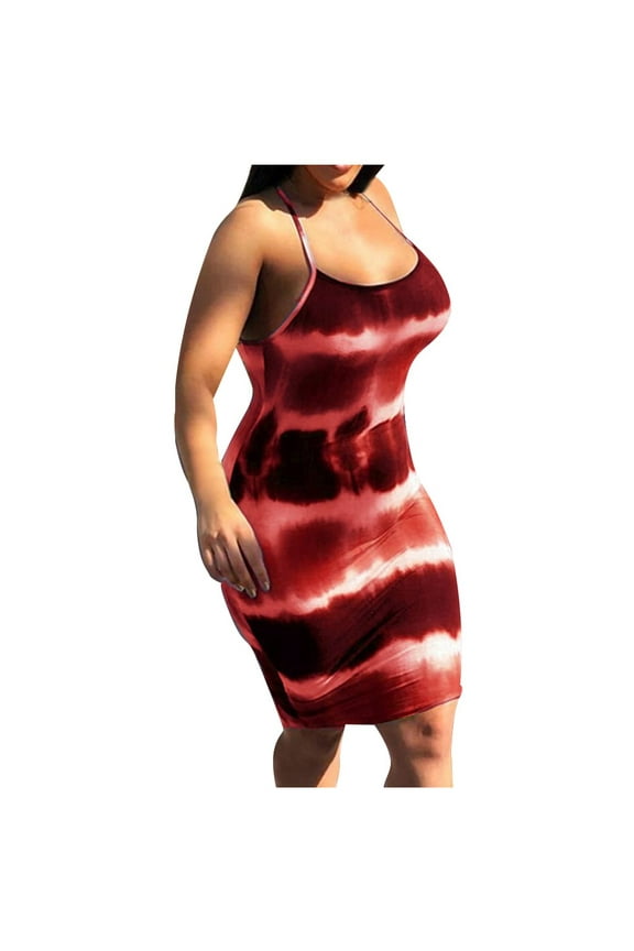 Women Dress Womens Summer Spaghetti Strap Tie-Dye Bodycons Scoop Neck Mini Dress(S-5Xl) Slip Dress Red L2