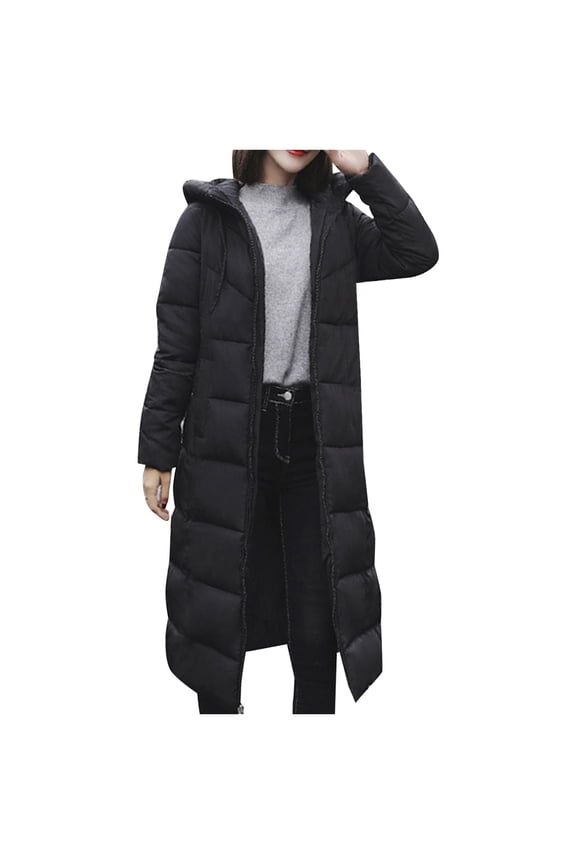 Women Parker Women's Thickened Overcoat Warm Winter Hoodie Full Zipper Solid Color Slim Long Outwear Coat Jacket with Pocket Puffer Jacket Black