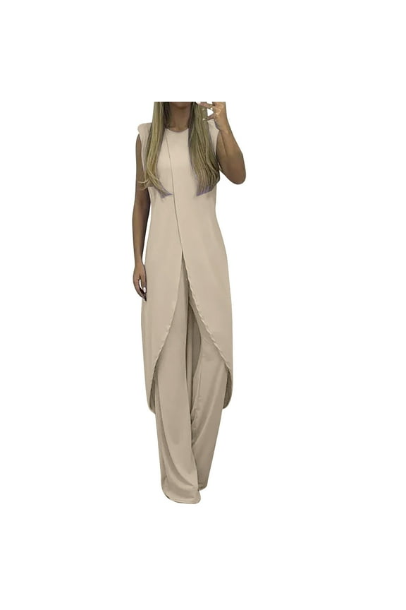 Women' S Elegant Suit, 7 Colors Mature Women Suit, Suit for Women Summer Slit Sleeveless Loose Blouse and Wide Leg Pants Set, Party Outfit Beige, Size: S-4Xl