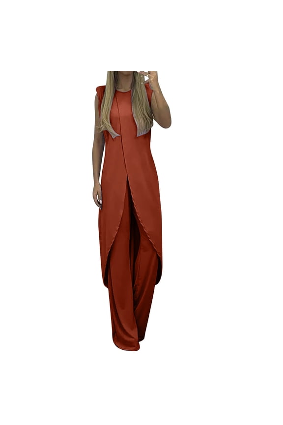 Women's 2 Piece Trendy Outfits 7 Colors Mature Women Suit Suit for Women Summer Slit Sleeveless Loose Blouse and Wide Leg Pants Set 2023 Fashion Trending Now Sweatsuits Red S-4Xl