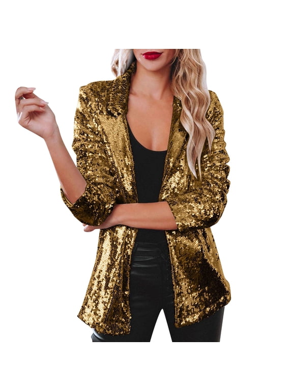 Women Sequins Blazers for Women Sequin Jacket Casual Long Sleeve Glitter Party Shiny Lapel Rave Outerwear Coat Blue Gold Acrylic