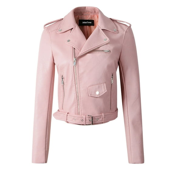 Baberdicy Women Top Women Ladies Fashion Coat Jacket The Belt Fashion Faux Leather Cool Zipper Decoration Jacket Racing Biker Jacket Womens Winter Coats Pink