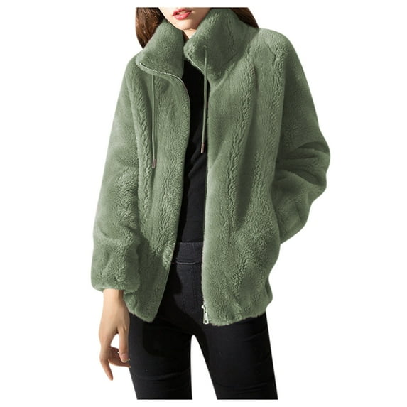 Baberdicy Women Tops Women Fashion Coat Fleece Faux Splicing Outerwear Zipper Jackets Pocket Long Sleeve Warm Coats Womens Winter Coats Green