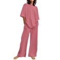 thumbnail image 1 of Baberdicy Women's 2 Piece Trendy Outfits Summer Casual Belt Pocket Set Half Sleeve O Neck Top and Wide Leg Trouser Set Two Piece Outfits for Women Pink S-5Xl, 1 of 5