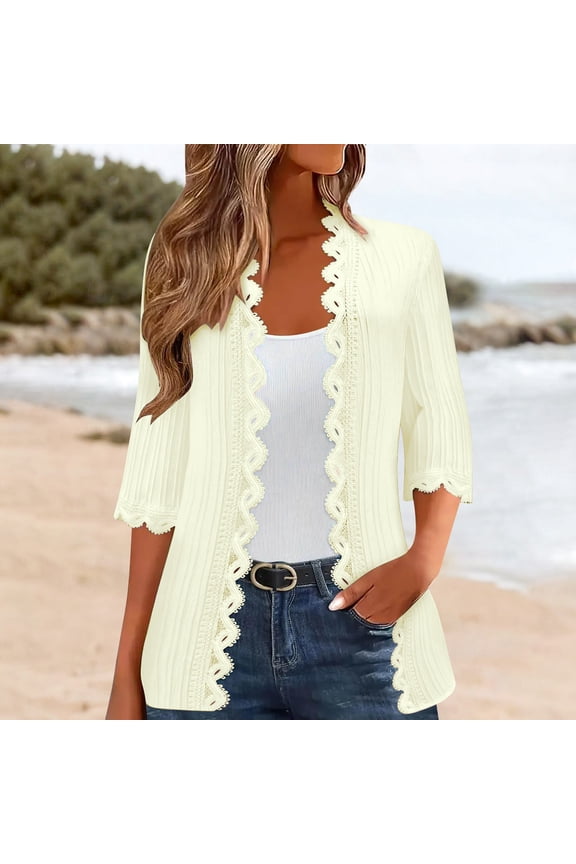 Women's 3/4 Sleeve Beach Cardigan, Summer Lightweight Lace Side Open Cover up , Lightweight 3/4-Sleeve Cardigan, Summer Open-Front Top Beige 3Xl