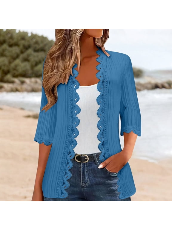 Women's 3/4 Sleeve Beach Cardigan, Summer Lightweight Lace Side Open Cover up , Lightweight 3/4-Sleeve Cardigan, Summer Open-Front Top Dark Blue M