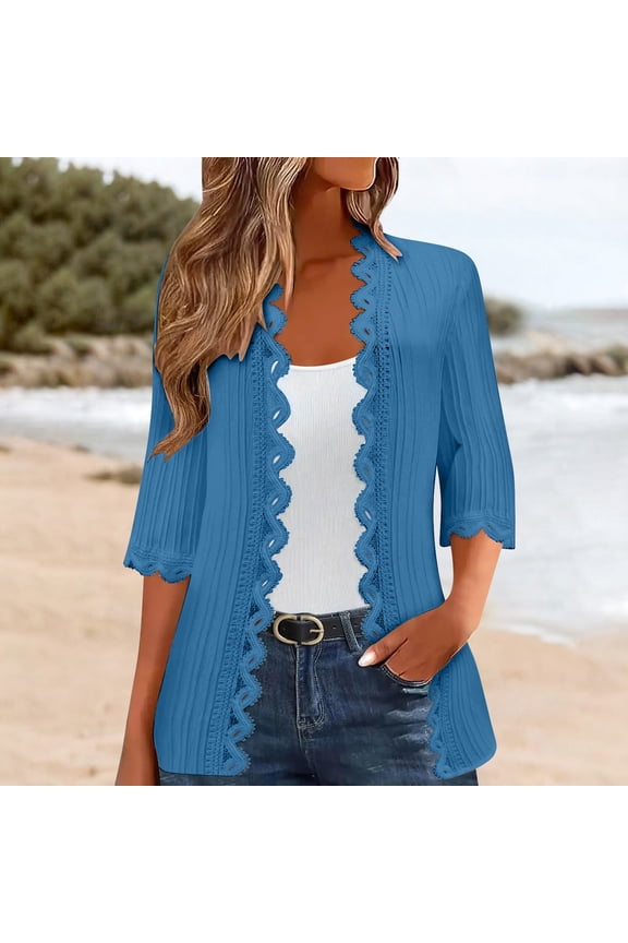 Women's 3/4 Sleeve Beach Cardigan, Summer Lightweight Lace Side Open Cover up , Lightweight 3/4-Sleeve Cardigan, Summer Open-Front Top Dark Blue Xl