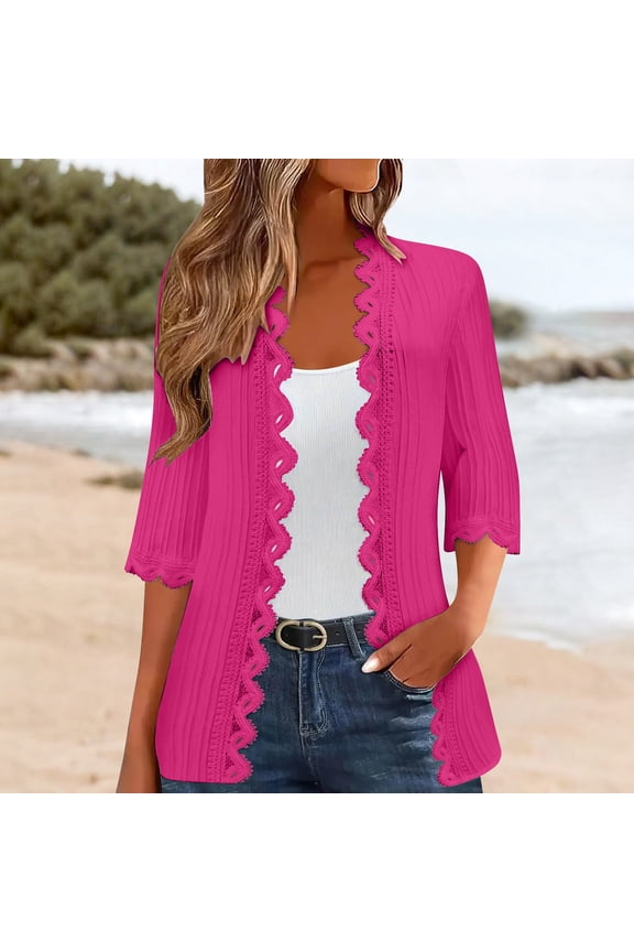 Women's 3/4 Sleeve Beach Cardigan, Summer Lightweight Lace Side Open Cover up , Lightweight 3/4-Sleeve Cardigan, Summer Open-Front Top Hot Pink Xl