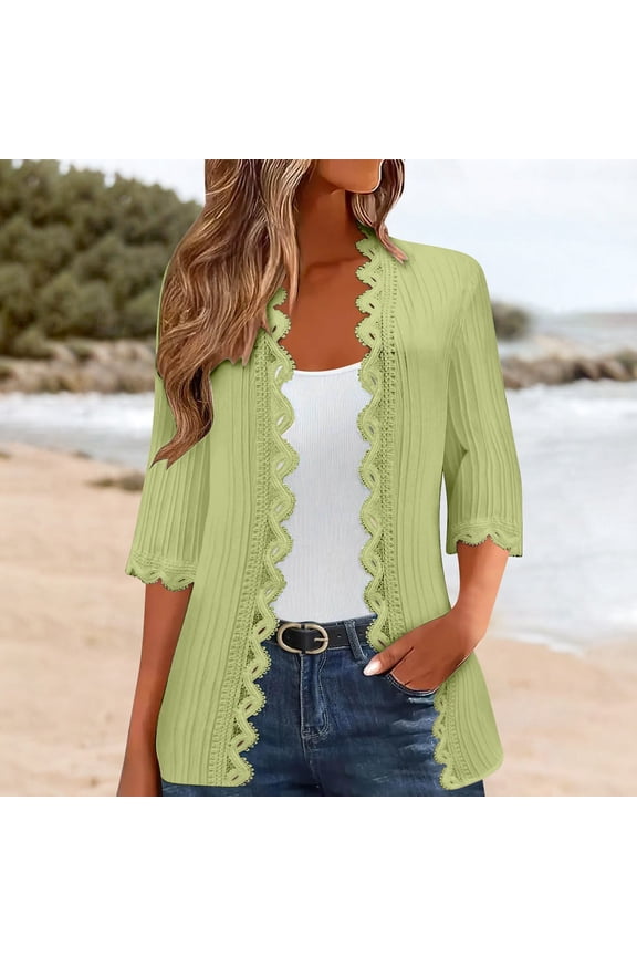 Women's 3/4 Sleeve Beach Cardigan, Summer Lightweight Lace Side Open Cover up , Lightweight 3/4-Sleeve Cardigan, Summer Open-Front Top Light Green S