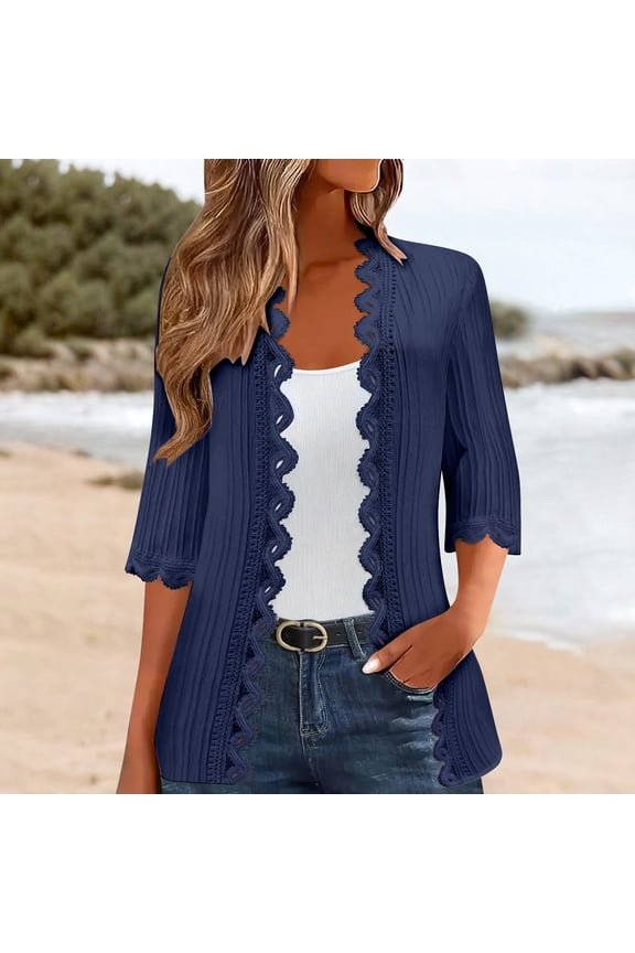 Women's 3/4 Sleeve Beach Cardigan, Summer Lightweight Lace Side Open Cover up , Lightweight 3/4-Sleeve Cardigan, Summer Open-Front Top Navy Xxl
