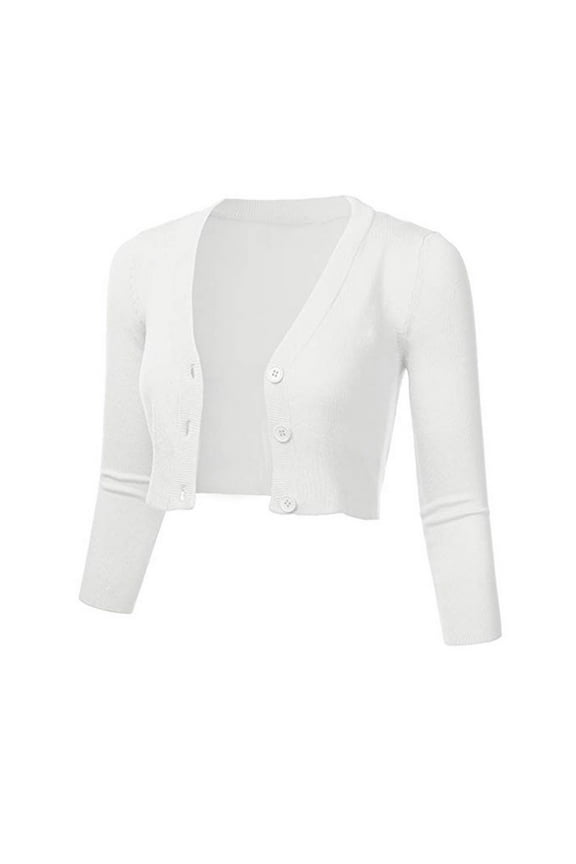 Women's 3/4-Sleeve Button Cardigan, Cropped Spring Top, Office Ac & Picnic , 3/4-Sleeve Button Cardigan, Solid Short Knit Top, Spring Layer White L