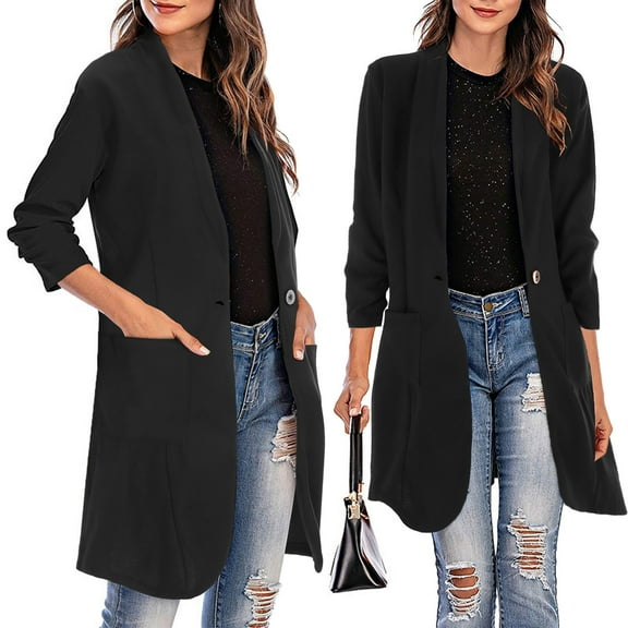 Baberdicy Women's 3/4 Sleeve Trench Coat, Long Slim Fit Blazer with Pocket And Lapel , 3/4-Sleeve Blazer Coat, Mid-Length Office Jacket, Casual Suit Black M