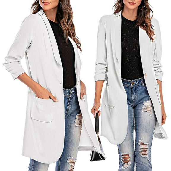 Baberdicy Women's 3/4 Sleeve Trench Coat, Long Slim Fit Blazer with Pocket And Lapel , 3/4-Sleeve Blazer Coat, Mid-Length Office Jacket, Casual Suit White S